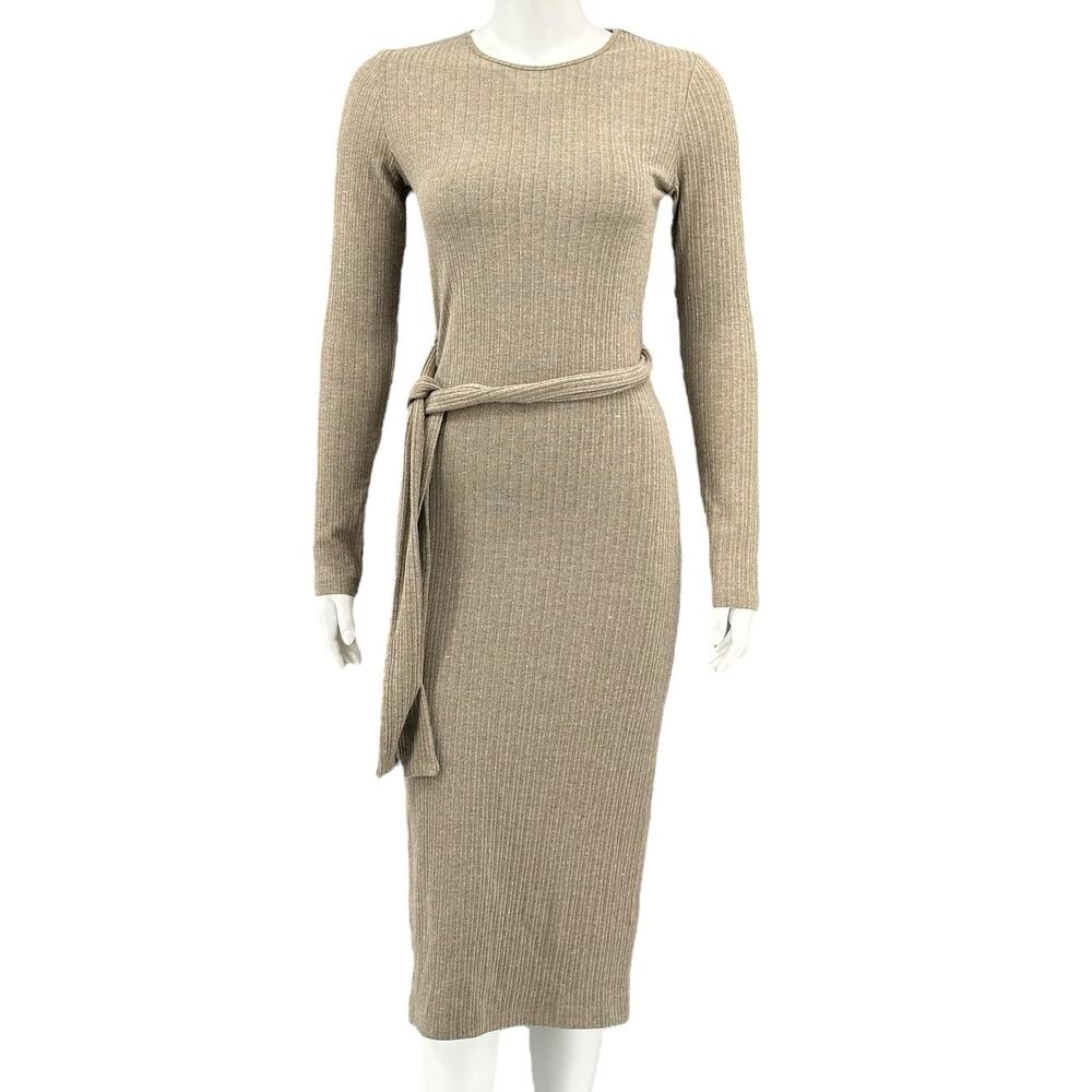 The Fifth Label Dress Womens 4 Brown Tan Knit Midi Long Sleeved Belted Stretch